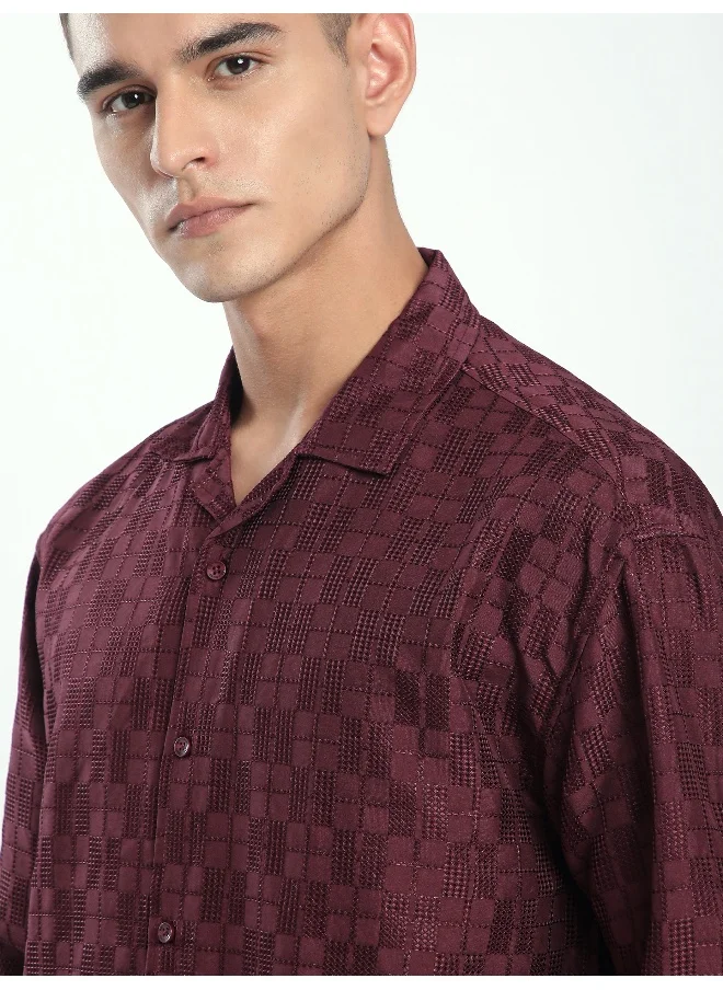 Beyoung French Wine Jacquard Cuban Shirt