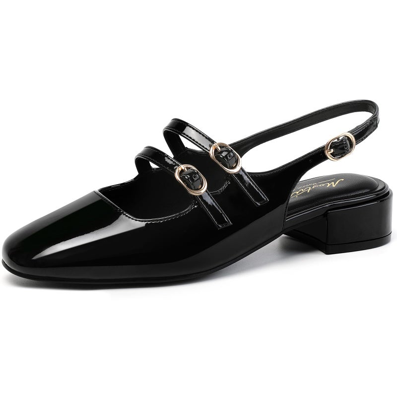 Mostrin Black Mary Jane Shoes Women Slingback Chunky Low Heels for Women Closed Rounded Toe Ankle Strap Pumps Daily Wedding Party Dress Shoes Size 8 - Image 1
