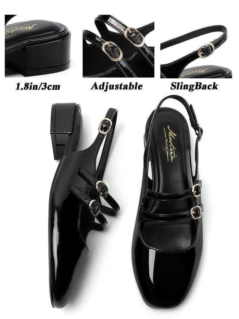 Mostrin Black Mary Jane Shoes Women Slingback Chunky Low Heels for Women Closed Rounded Toe Ankle Strap Pumps Daily Wedding Party Dress Shoes Size 8 - Image 4