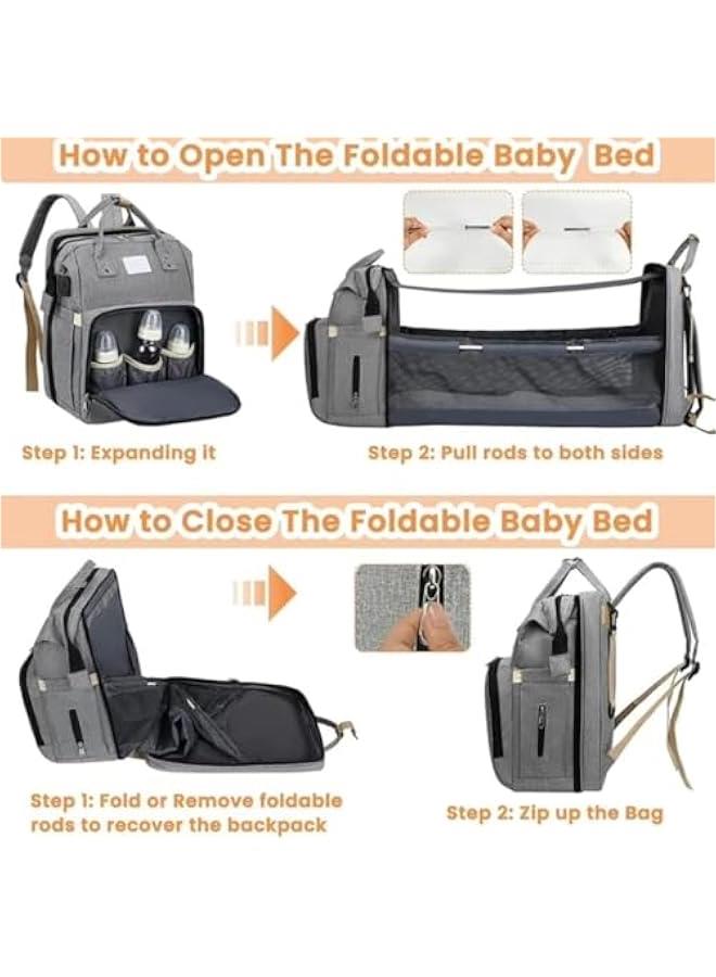 هوكور شنطة ظهر للحفاضات من لوك روزي، شنطة محمولة متعددة الوظائف مع USB، مقاومة للماء، سرير قابل للطي مع احزمة لعربة الاطفال، مظلة للشمس، وسادة تغيير، مستلزمات حديثي الولادة، سعة كبيرة للسفر - Image 2