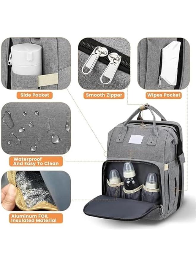 هوكور شنطة ظهر للحفاضات من لوك روزي، شنطة محمولة متعددة الوظائف مع USB، مقاومة للماء، سرير قابل للطي مع احزمة لعربة الاطفال، مظلة للشمس، وسادة تغيير، مستلزمات حديثي الولادة، سعة كبيرة للسفر - Image 5