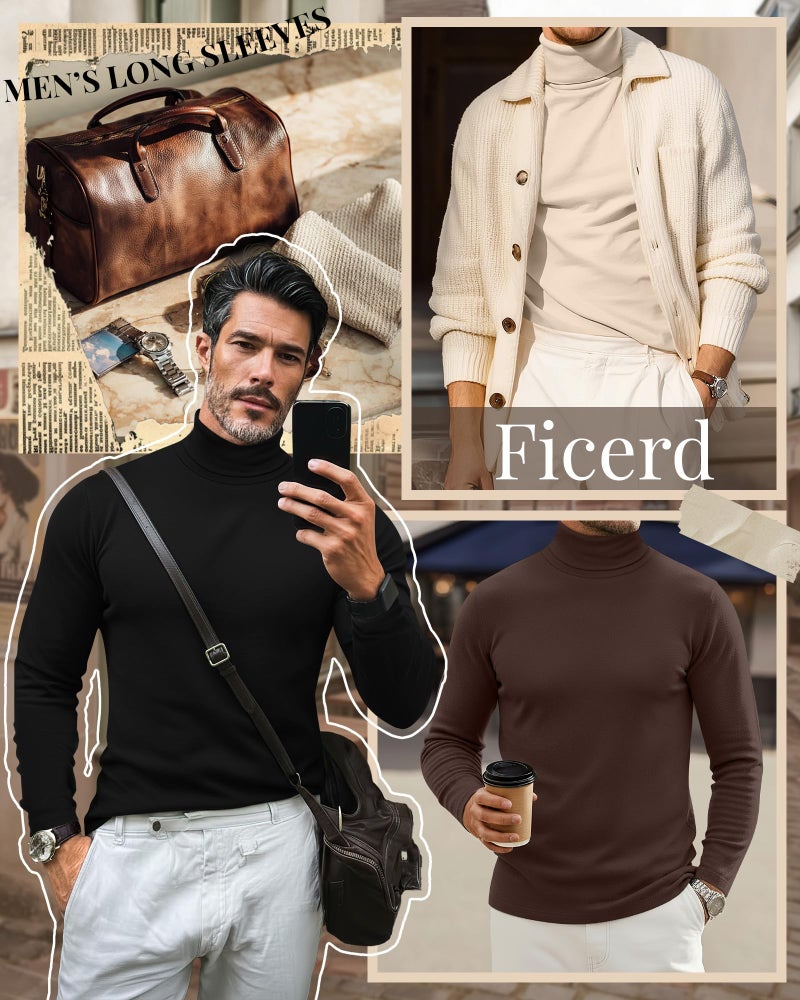 Ficerd 3 Pack Men's Turtleneck Shirts, Long Sleeve Cotton Pullover Sweaters Mock Neck Knitted T Shirt Basic Slim Fit Tee Tops(Black, Brown, Apricot,Medium) - Image 5