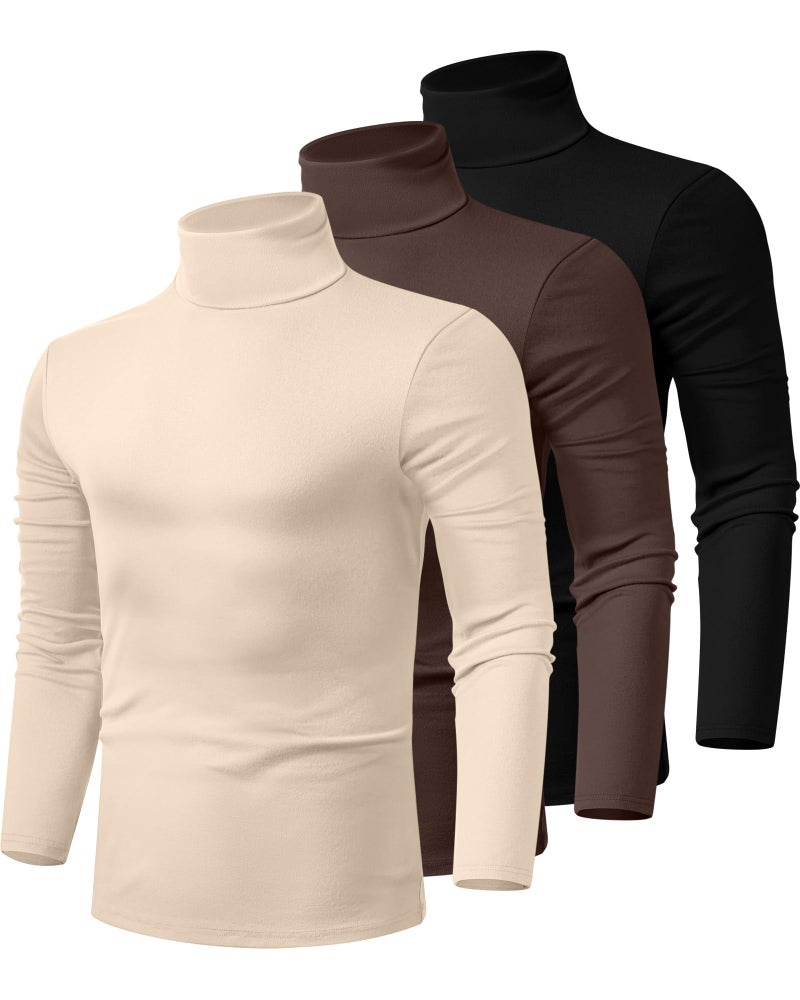 Ficerd 3 Pack Men's Turtleneck Shirts, Long Sleeve Cotton Pullover Sweaters Mock Neck Knitted T Shirt Basic Slim Fit Tee Tops(Black, Brown, Apricot,Medium) - Image 1
