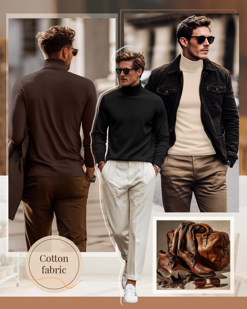 Ficerd 3 Pack Men's Turtleneck Shirts, Long Sleeve Cotton Pullover Sweaters Mock Neck Knitted T Shirt Basic Slim Fit Tee Tops(Black, Brown, Apricot,Medium) - Image 3