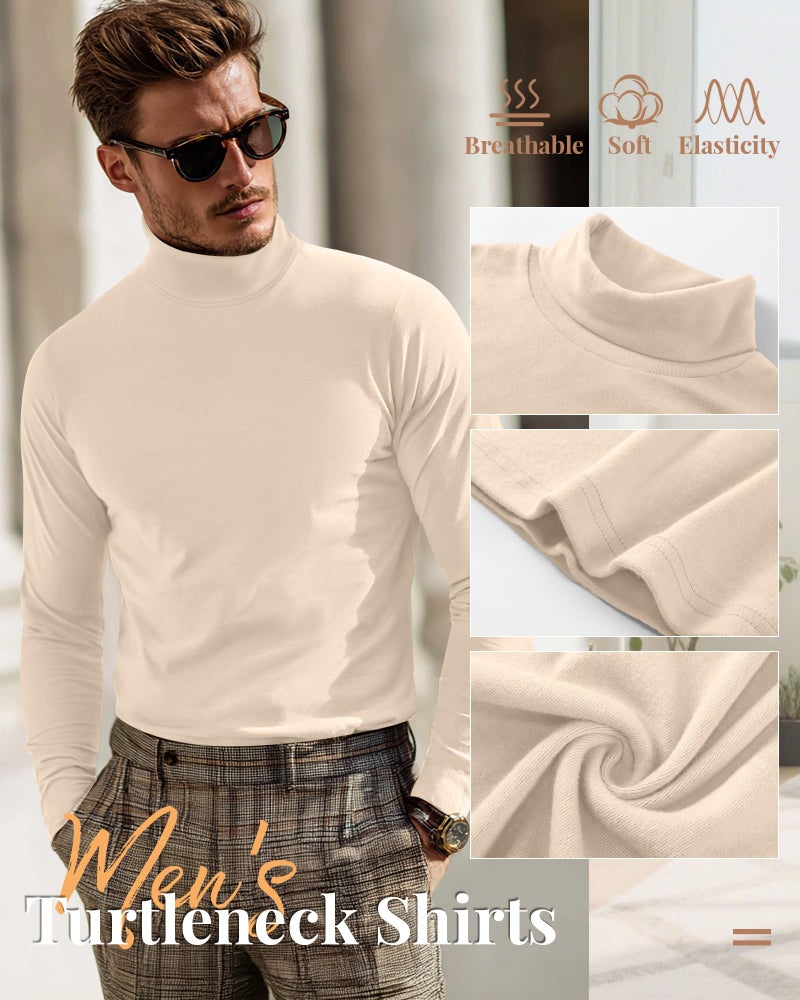 Ficerd 3 Pack Men's Turtleneck Shirts, Long Sleeve Cotton Pullover Sweaters Mock Neck Knitted T Shirt Basic Slim Fit Tee Tops(Black, Brown, Apricot,Medium) - Image 4