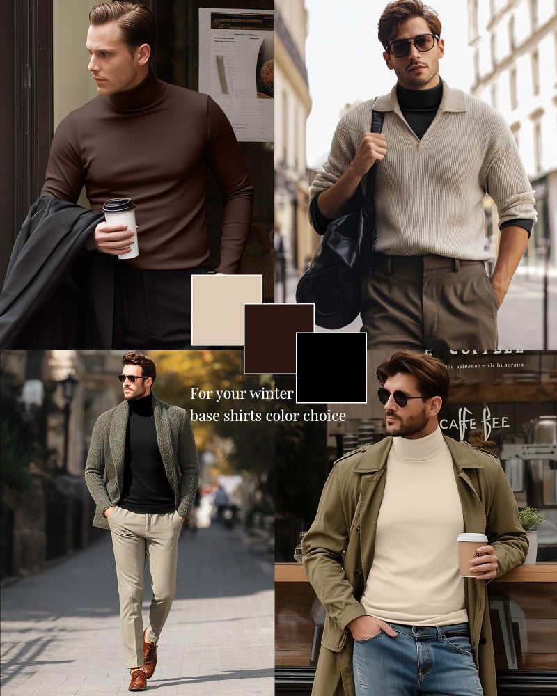 Ficerd 3 Pack Men's Turtleneck Shirts, Long Sleeve Cotton Pullover Sweaters Mock Neck Knitted T Shirt Basic Slim Fit Tee Tops(Black, Brown, Apricot,Medium) - Image 2