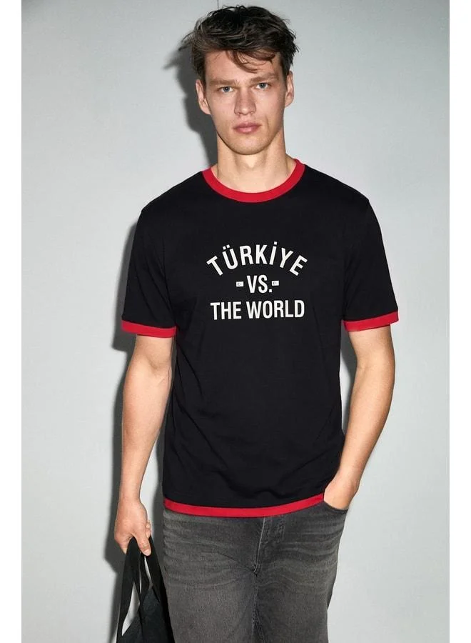 GRIMELANGE EMPA Men's 100% Organic Cotton Contrast Collar World Cup Special Printed Black T-Shirt.