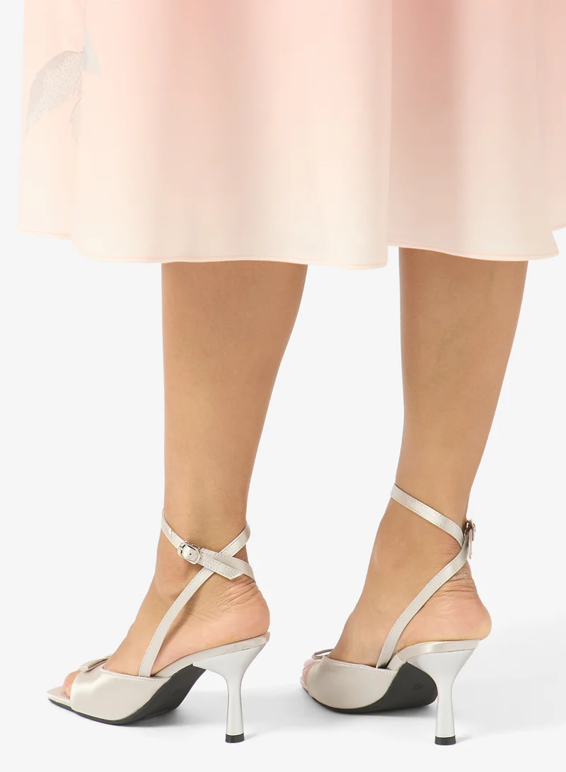 Ginger Silver Velvet Bow Detail Sling Back Mid Heels for Women | Best Price UAE