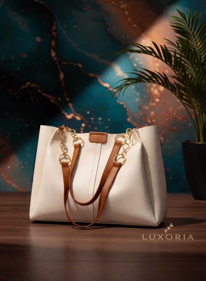 حقيبة يد نسائية فاخرة من GALAXY FASHION POINT - حقيبة كتف من جلد البولي يوريثان الفاخر مع حزام سلسلة، حقيبة واسعة وأنيقة للاستخدام المكتبي والشخصي (بيج وبني) - Image 2