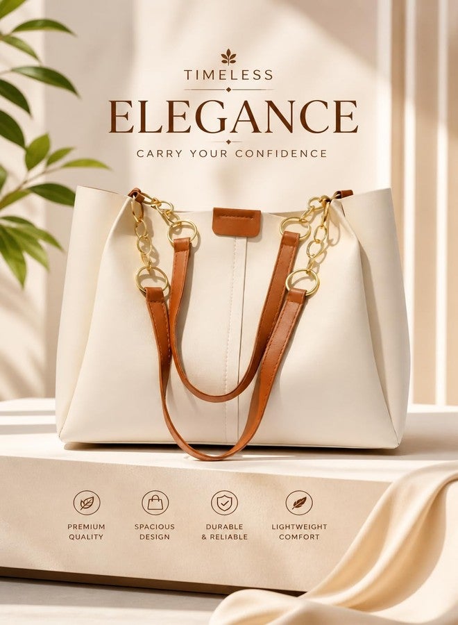 حقيبة يد نسائية فاخرة من GALAXY FASHION POINT - حقيبة كتف من جلد البولي يوريثان الفاخر مع حزام سلسلة، حقيبة واسعة وأنيقة للاستخدام المكتبي والشخصي (بيج وبني) - Image 4