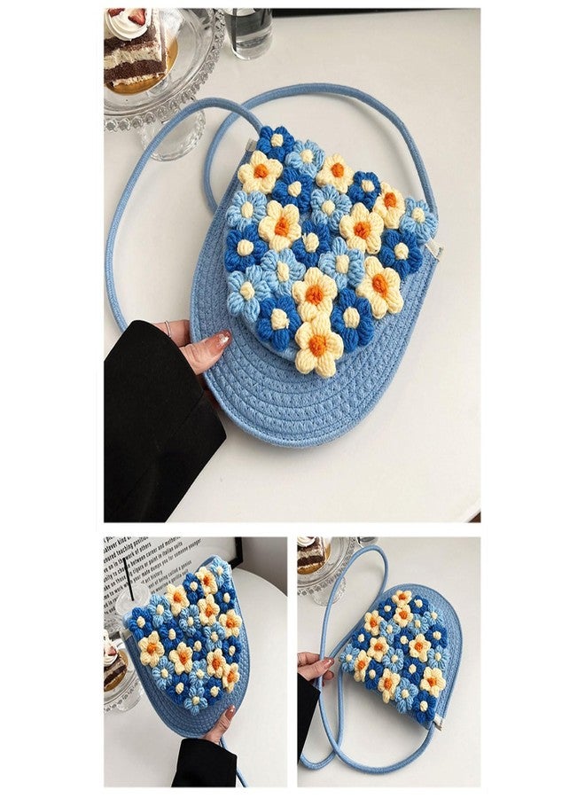 HIPIHOM Women Woven Shoulder Bag, Floral Clutch Magnetic Buckle Flower Purse Crochet Crossbody Bag for Casual Daily Parties Prom (Elliptical Blue) - Image 4