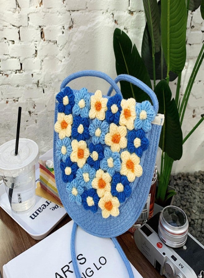HIPIHOM Women Woven Shoulder Bag, Floral Clutch Magnetic Buckle Flower Purse Crochet Crossbody Bag for Casual Daily Parties Prom (Elliptical Blue) - Image 2