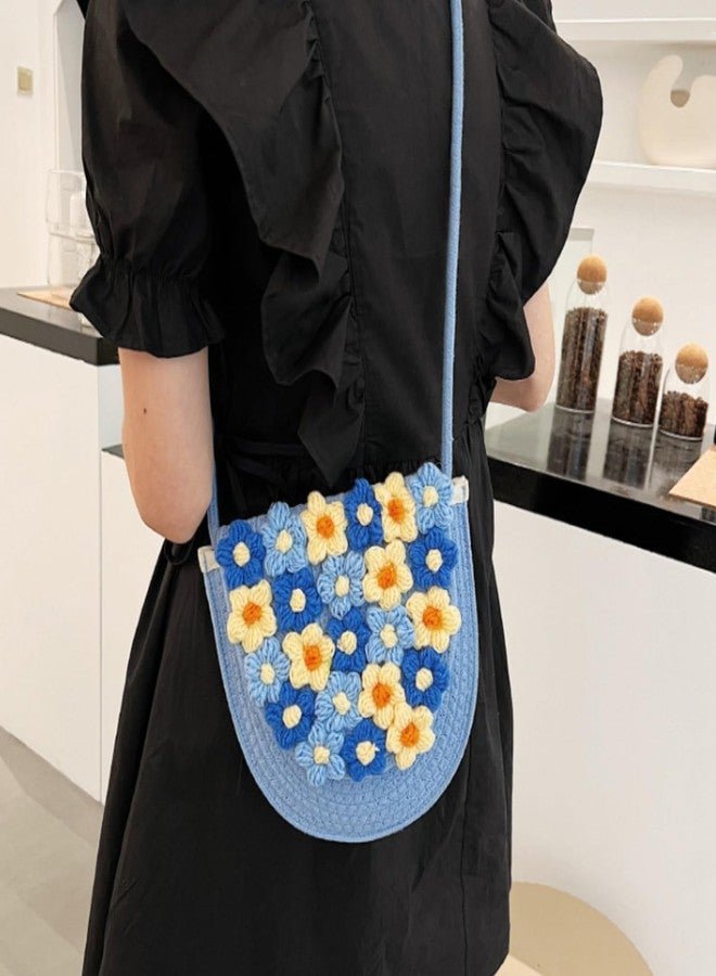 HIPIHOM Women Woven Shoulder Bag, Floral Clutch Magnetic Buckle Flower Purse Crochet Crossbody Bag for Casual Daily Parties Prom (Elliptical Blue) - Image 3