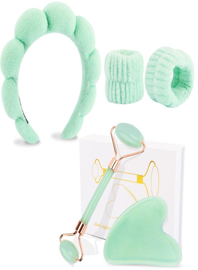 CUBACO Spa Headband and Wristband Set for Women with Ice Jade Roller and Gua Sha, Skin Care Set Tools Puffy Makeup Headband Teen Girl Gifts Trendy Stuff Hair Accessories for Women - Image 1