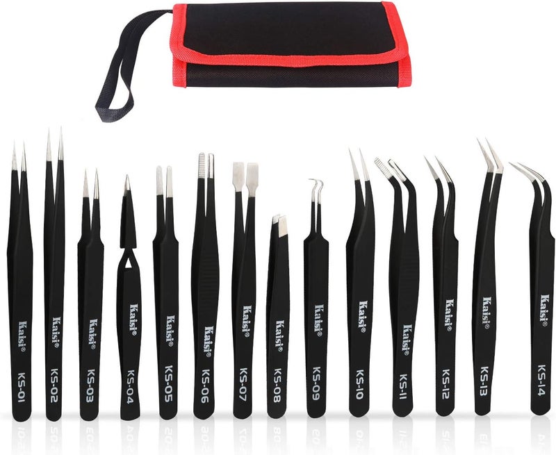 Kaisi 14 PCS Precision Tweezers Set, ESD Tweezer Set, Anti-Static Stainless Steel Tweezers Set for Craft, Jewelry, Electronics, Laboratory Work - Image 1