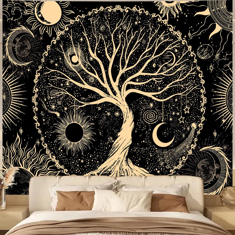 Tree of Life Wall Tapestry for Bedroom Sun and Moon Hippie Tapestries Aesthetic Black and Gold Wall Hanging Home Decor for Dorm Living Room Office 51in x 60in