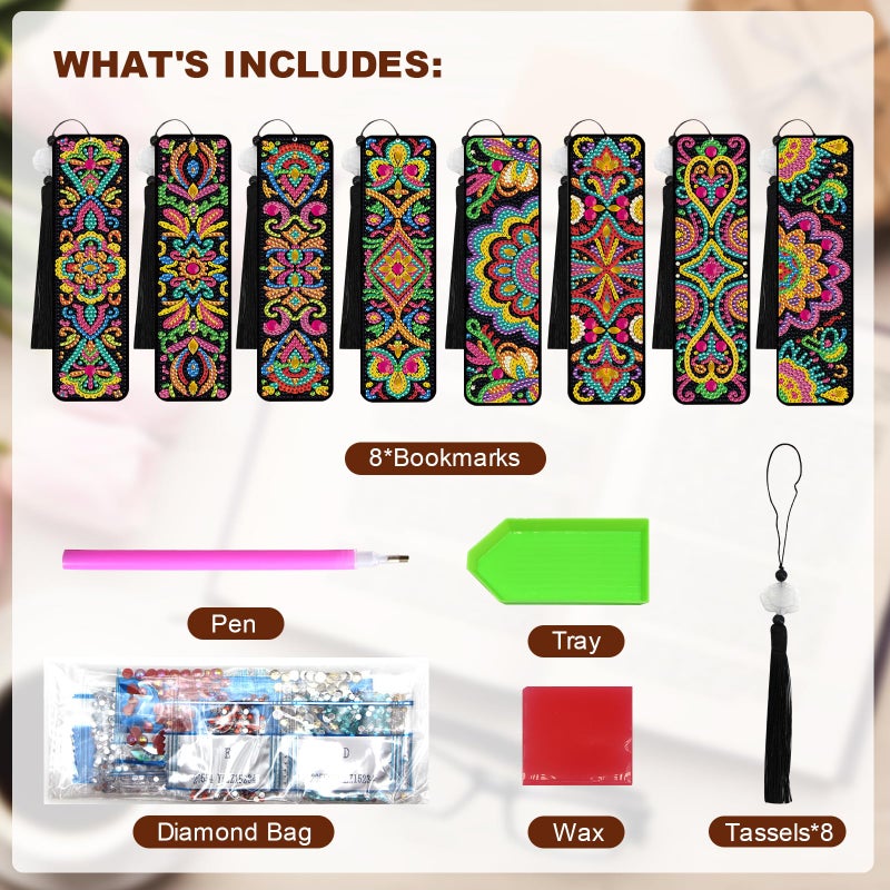 geesfayan 8 Pcs Diamond Art Bookmarks Kits for Adults with Tassel, 5D DIY Book Marks Dimond Art Paintings Gem Art,Diamond Painting Bookmarks for Book Lovers(Mandala) - Image 4
