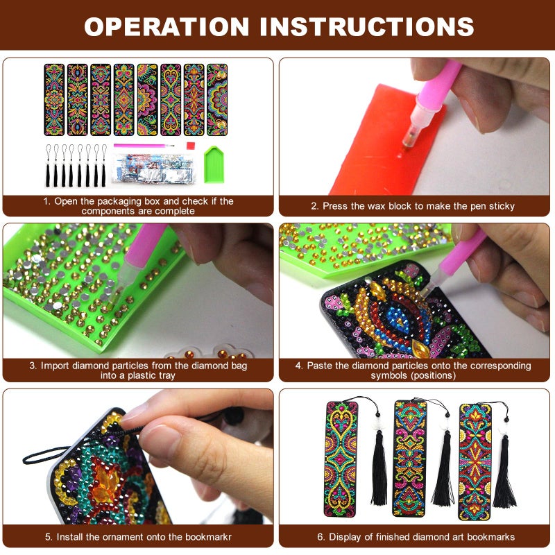 geesfayan 8 Pcs Diamond Art Bookmarks Kits for Adults with Tassel, 5D DIY Book Marks Dimond Art Paintings Gem Art,Diamond Painting Bookmarks for Book Lovers(Mandala) - Image 3