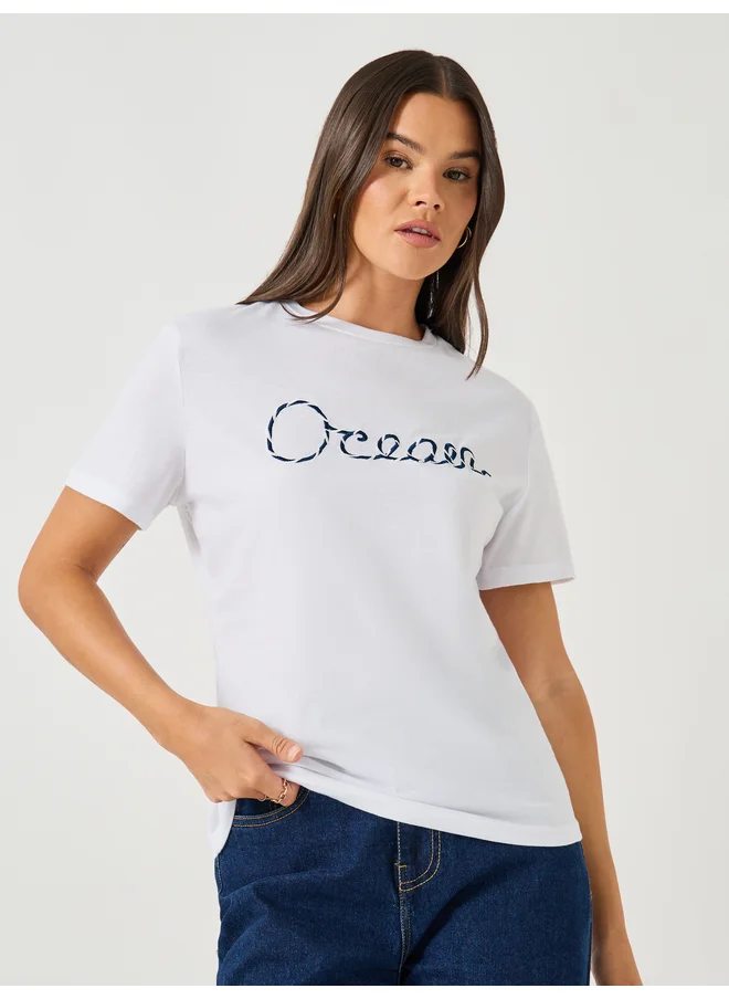 ستايلي Styli 3D Embroidered Short Sleeve Regular Fit T-Shirt