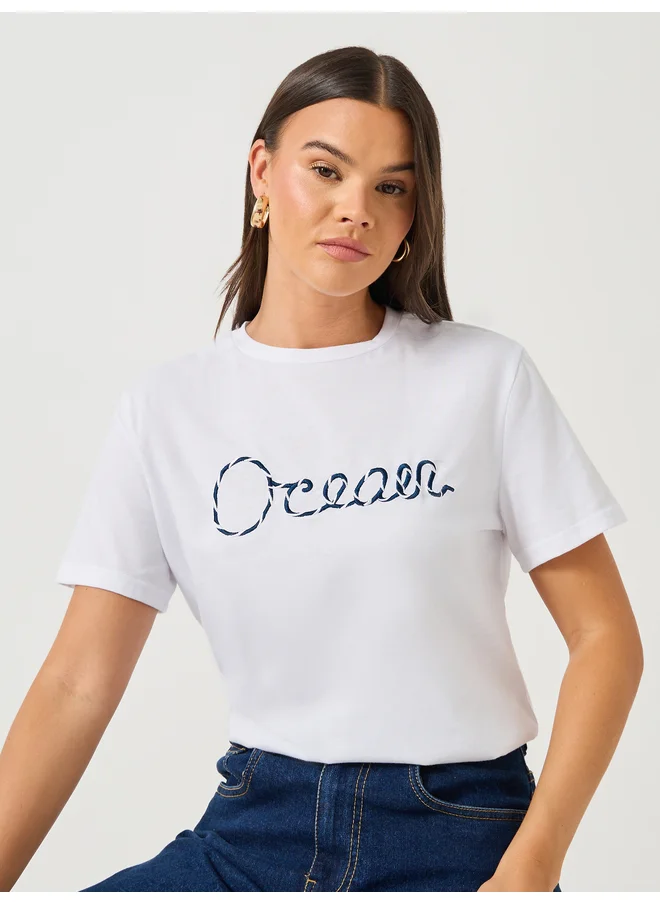 ستايلي Styli 3D Embroidered Short Sleeve Regular Fit T-Shirt