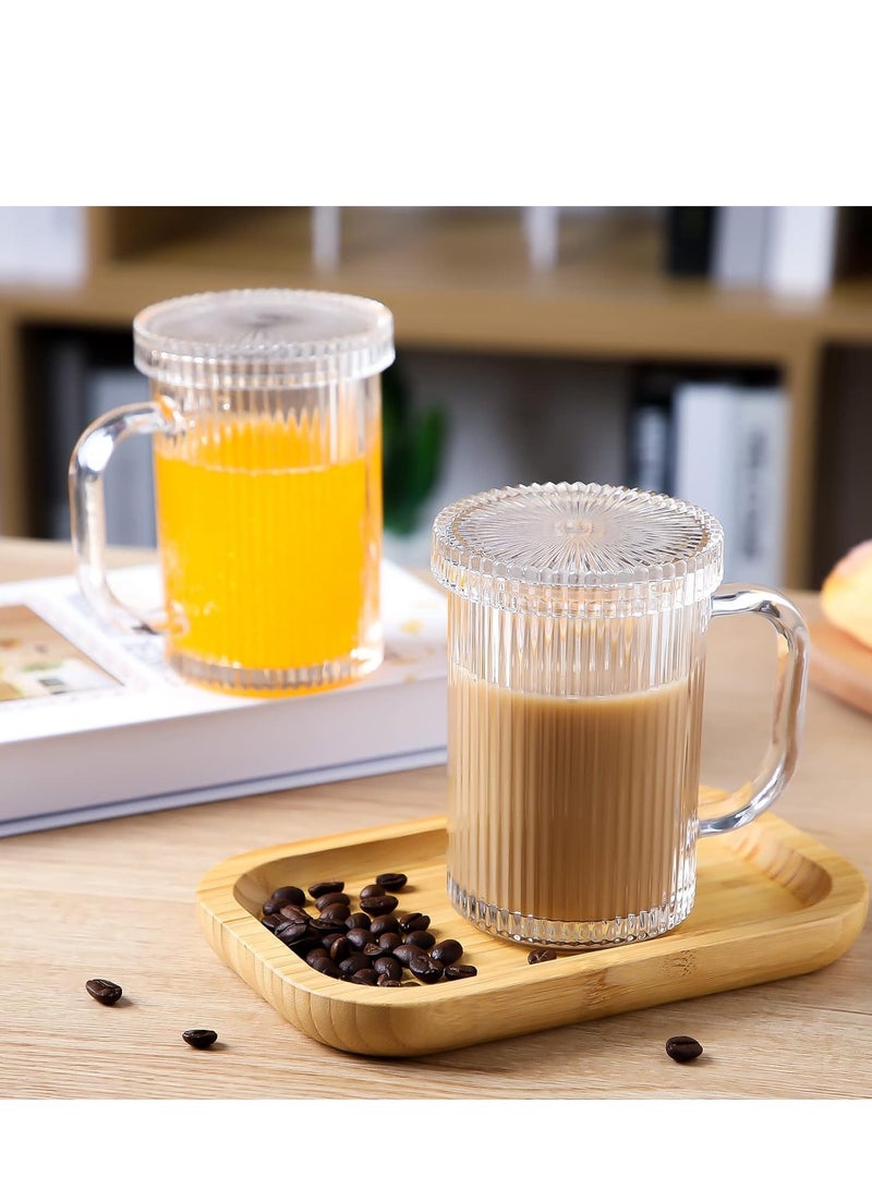 SYOSI أكواب قهوة زجاجية أكواب شفافة - 14 أوقية مقببة، أكواب شاي كلاسيكية ذات شرائط رأسية مع أغطية مجموعة من 2 - مثالية للقهوة بالحليب، كابتشينو، الشوكولاتة الساخنة، العصير - Image 4