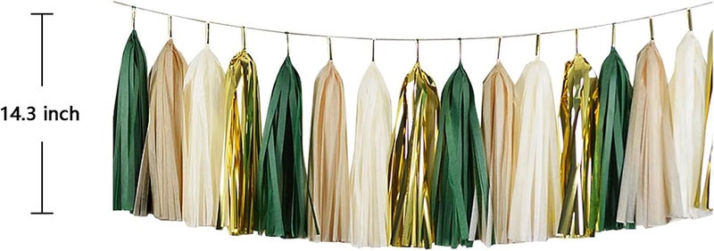 ZOOYOO Shiny Tassel Garland Tissue Paper Tassel Banner,Table Decor,DIY Kits for Tassels Party Decoration,Pack of 20(Green, Gold, Beige, Khaki) - Image 2