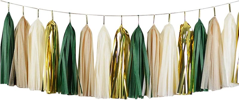 ZOOYOO Shiny Tassel Garland Tissue Paper Tassel Banner,Table Decor,DIY Kits for Tassels Party Decoration,Pack of 20(Green, Gold, Beige, Khaki) - Image 1