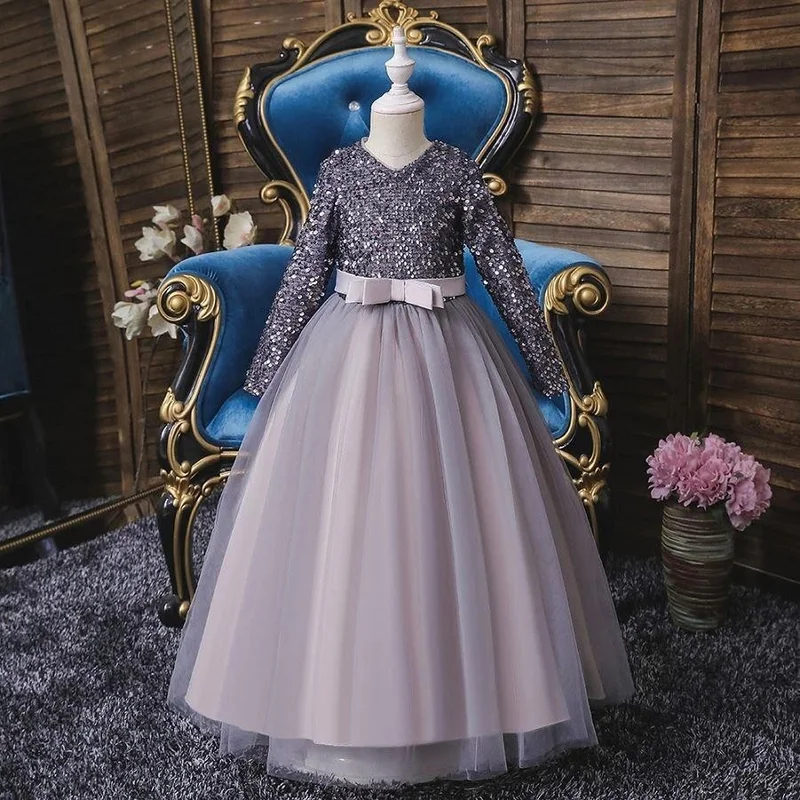 Masho Trend Gray Zara Sequined Children's Evening Dress - Girls' Dress - Girls' Prom Dress - Christmas Dress