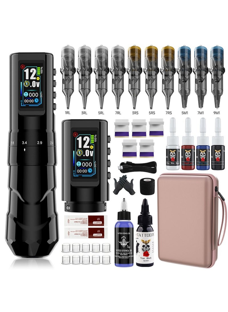 HaLunhi Wireless Tattoo Machine Set， Double Ball Hollow Cup Motor，TFT Color Screen Display，Equipped With 2 1600mAh Batteries，10 Pieces of Cartridge Needles，Suitable for Beginners，Artists - Image 1