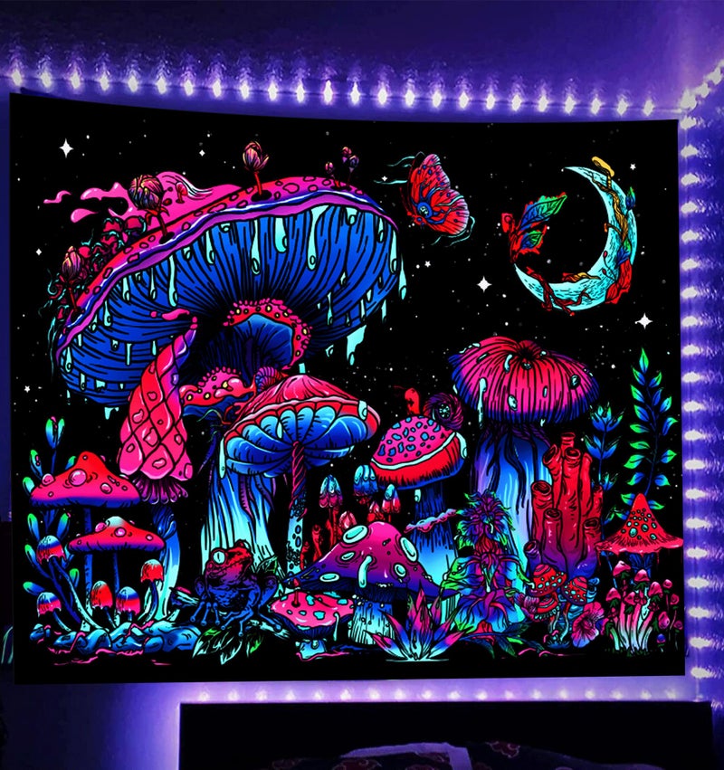 TUGCAY Blacklight Mushroom Tapestry, Glow In The Dark Black Light Plant Fantasy UV Reactive Mushroom Butterfly Moon Tapestries Wall Hanging for Bedroom Dorm Decor(50/''x60/''), 60.00/'' x 50.00/'' - Image 1