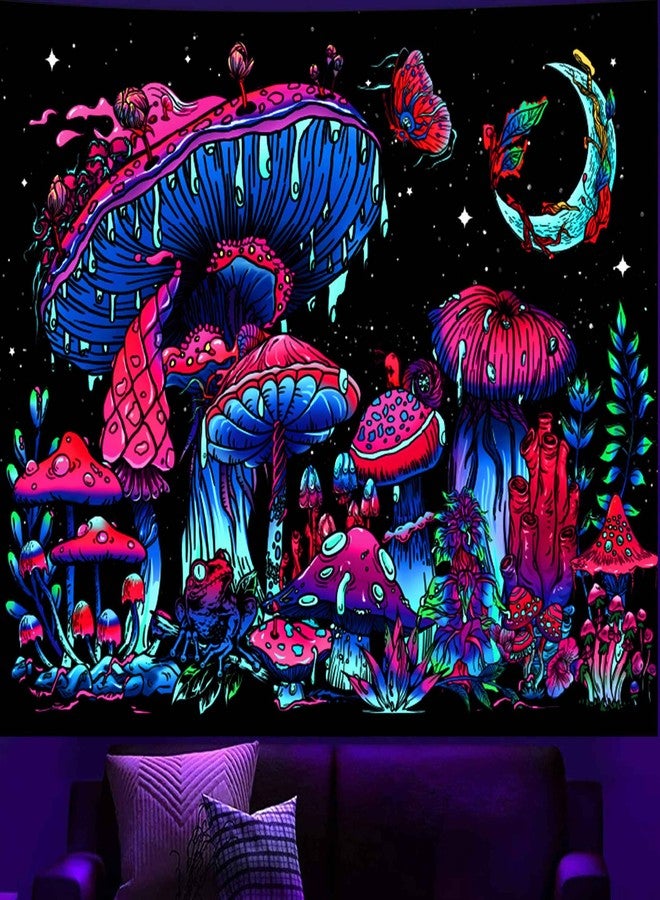 TUGCAY Blacklight Mushroom Tapestry, Glow In The Dark Black Light Plant Fantasy UV Reactive Mushroom Butterfly Moon Tapestries Wall Hanging for Bedroom Dorm Decor(50/''x60/''), 60.00/'' x 50.00/'' - Image 2