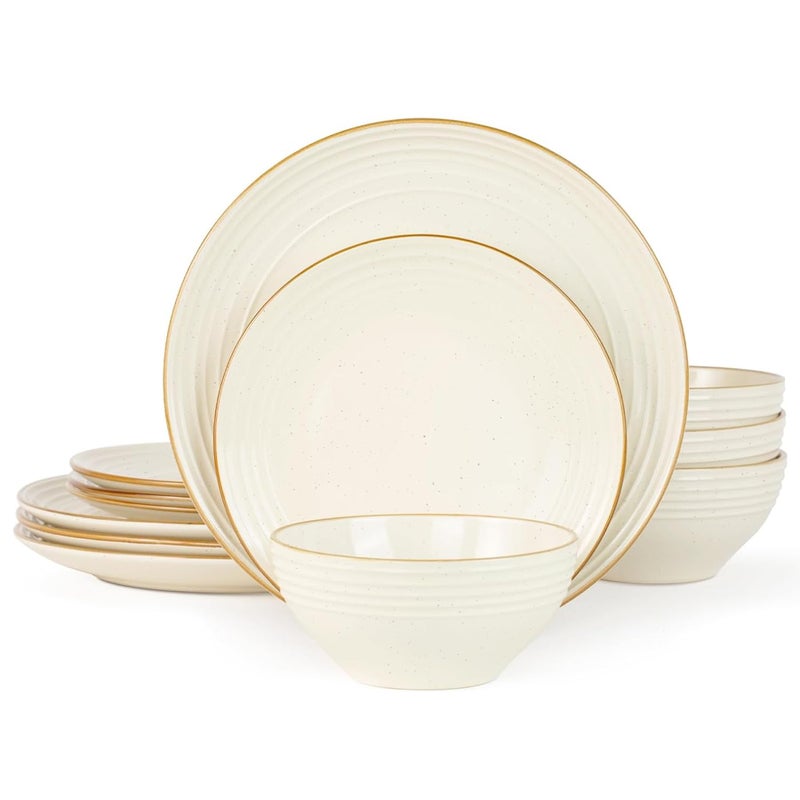 Famiware Jupiter Stoneware Dinnerware Sets, Handcrafted Plates and Bowls with Embossed Swirl & Speckles, Vanilla White - Chip & Scratch Resistant, Dishwasher & Microwave Safe Dishes for 4 (12-Piece) - Image 1
