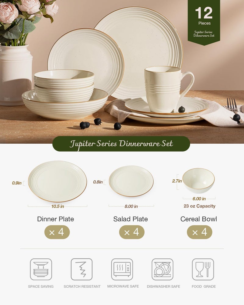 Famiware Jupiter Stoneware Dinnerware Sets, Handcrafted Plates and Bowls with Embossed Swirl & Speckles, Vanilla White - Chip & Scratch Resistant, Dishwasher & Microwave Safe Dishes for 4 (12-Piece) - Image 4
