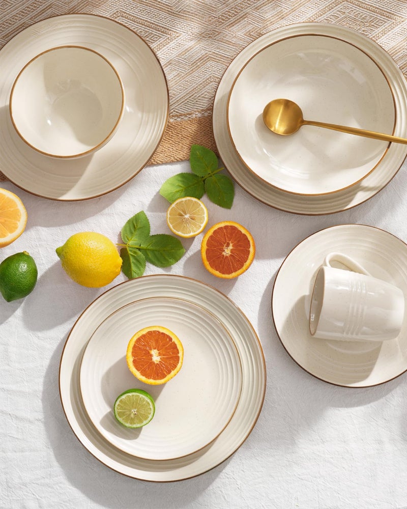 Famiware Jupiter Stoneware Dinnerware Sets, Handcrafted Plates and Bowls with Embossed Swirl & Speckles, Vanilla White - Chip & Scratch Resistant, Dishwasher & Microwave Safe Dishes for 4 (12-Piece) - Image 3