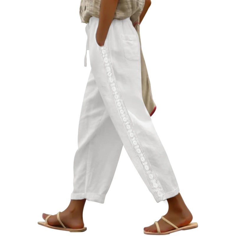 Puimentiua Women Linen Pants Lightweight Pants with Lace Side Summer Casual Beach Drawstring Elastic Waist Trousers White - Image 1
