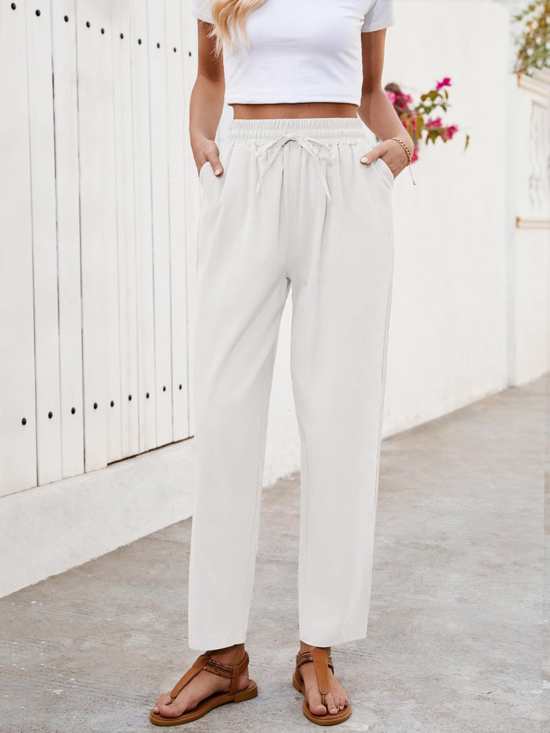 Puimentiua Women Linen Pants Lightweight Pants with Lace Side Summer Casual Beach Drawstring Elastic Waist Trousers White - Image 2