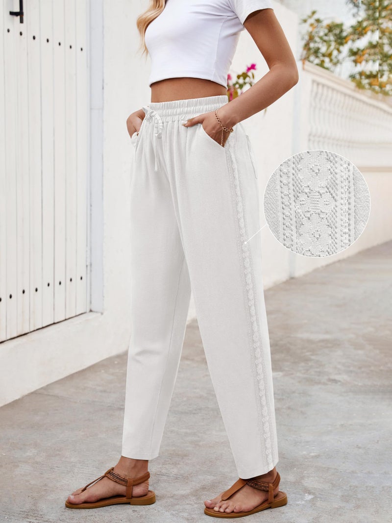 Puimentiua Women Linen Pants Lightweight Pants with Lace Side Summer Casual Beach Drawstring Elastic Waist Trousers White - Image 3