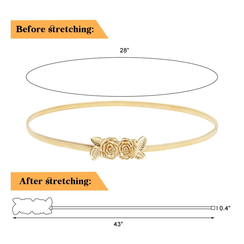 E-Clover Vintage Women Gold Metal Skinny Elastic Rose Buckle Dress Waist Belt (Style1) - Image 3