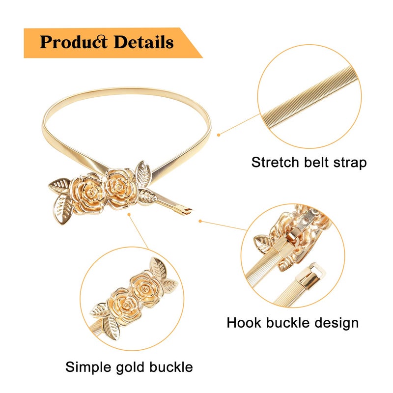 E-Clover Vintage Women Gold Metal Skinny Elastic Rose Buckle Dress Waist Belt (Style1) - Image 5