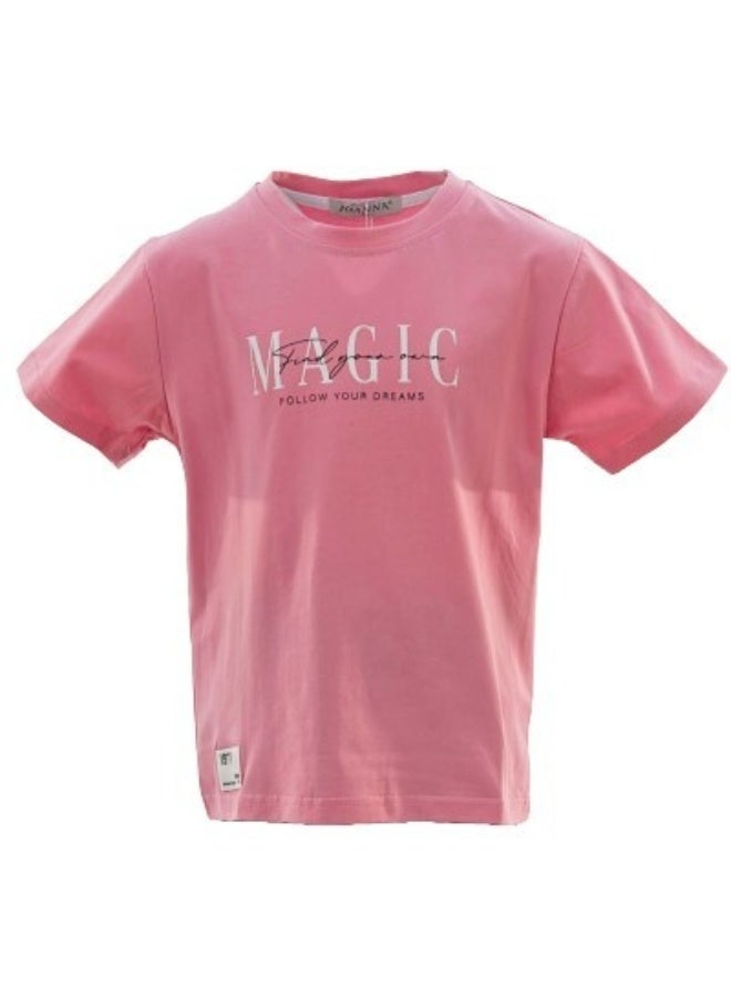 JOANNA JOANNA 23KY314B Boy's Find Your Own Magic Follow Your Dreams Quotes Round Neck Short Sleeve T-Shirt - Pink  - Image 1