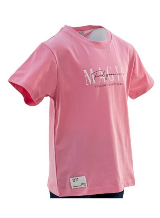 JOANNA JOANNA 23KY314B Boy's Find Your Own Magic Follow Your Dreams Quotes Round Neck Short Sleeve T-Shirt - Pink  - Image 2