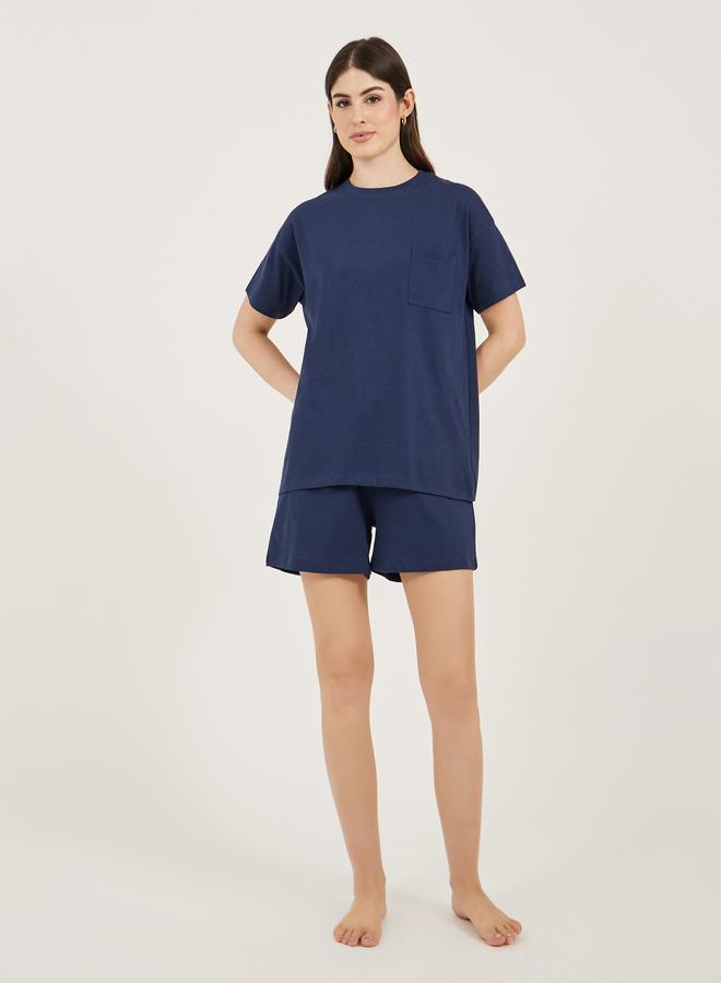 Styli Dropped Shoulder Pocket T-Shirt and Button Placket Pyjama Shorts Set - Image 2