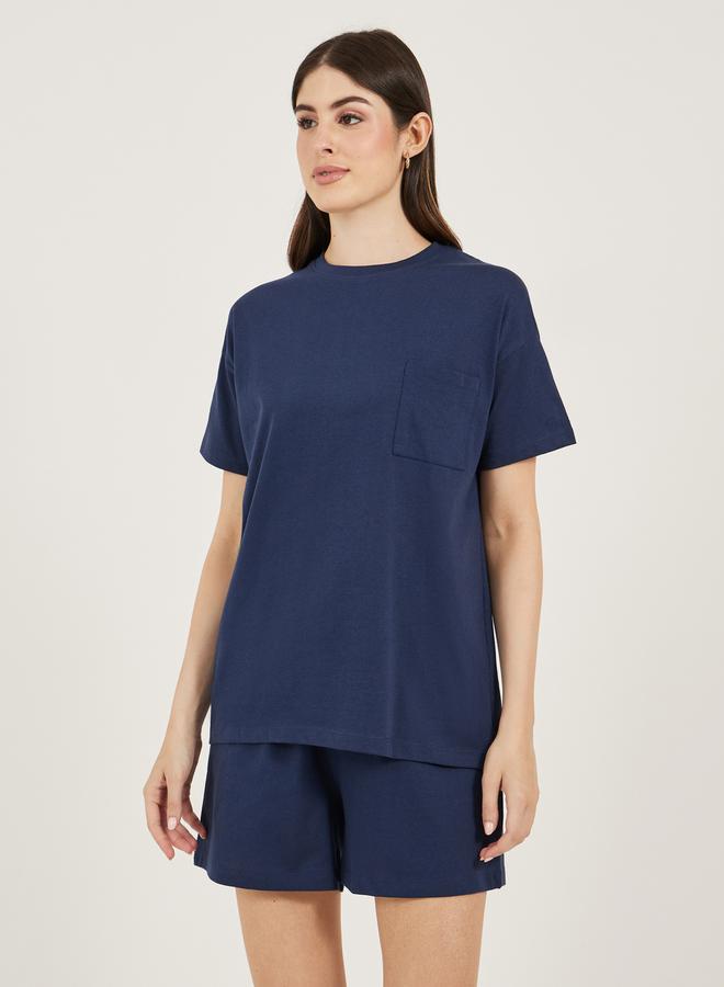 Styli Dropped Shoulder Pocket T-Shirt and Button Placket Pyjama Shorts Set - Image 3