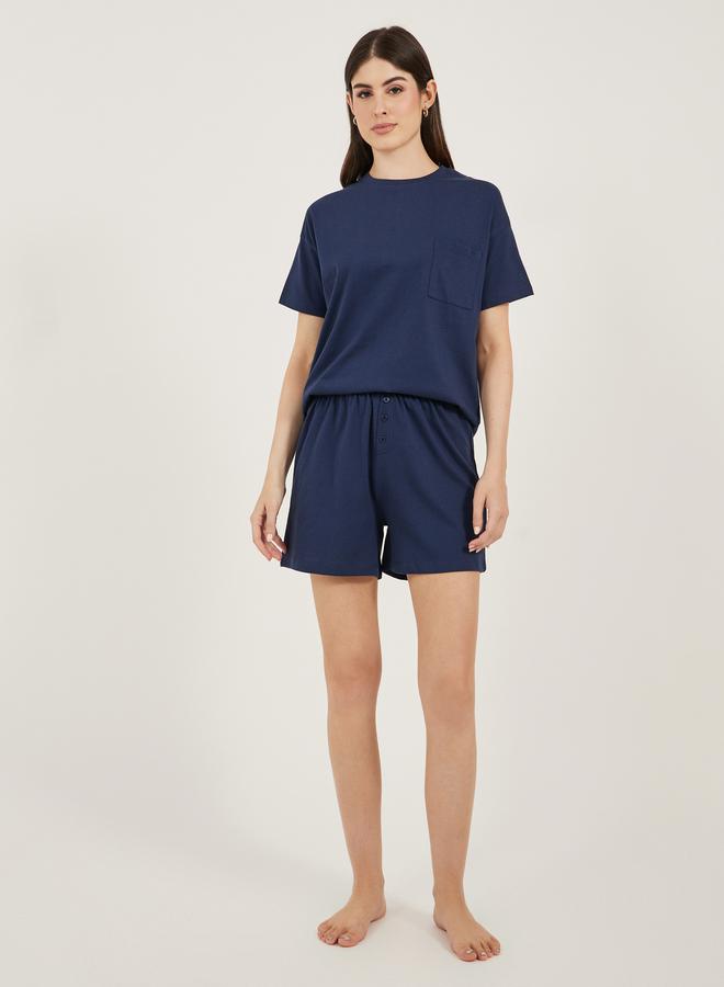 Styli Dropped Shoulder Pocket T-Shirt and Button Placket Pyjama Shorts Set - Image 1