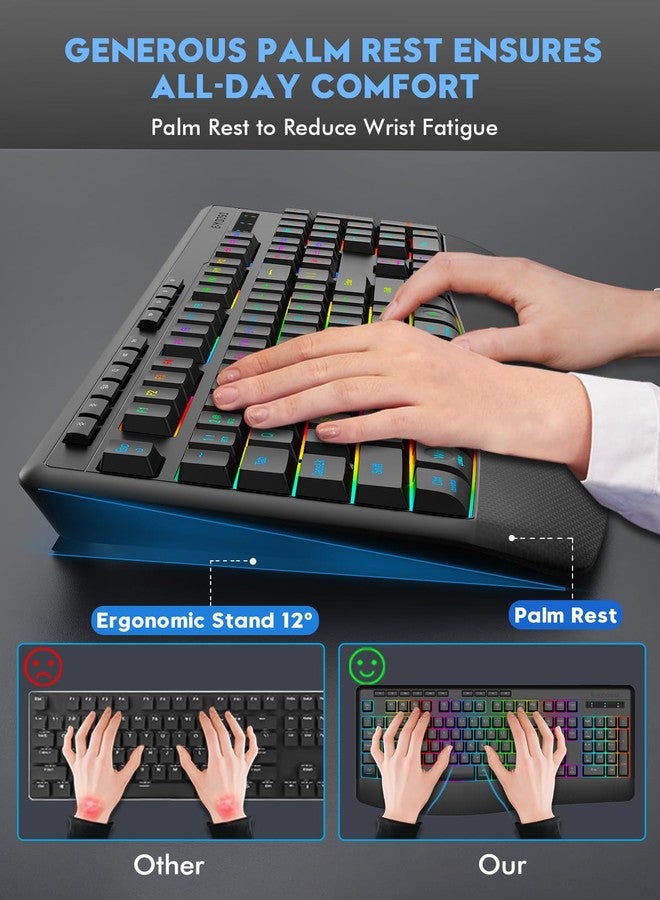 إي-يوسو لوحة مفاتيح E-YOOSO RGB اللاسلكية، بثلاثة أوضاع (2.4 جيجا هرتز/بلوتوث/USB)، و9 تأثيرات إضاءة خلفية، وأحرف مضيئة، ولوحة مفاتيح كمبيوتر مريحة قابلة لإعادة الشحن وهادئة مع مسند للمعصم، متوافقة مع أنظمة ويندوز، وماك، والكمبيوتر الشخصي، واللابتوب، والألعاب. - Image 4