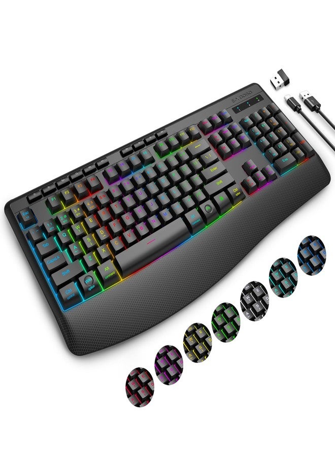 إي-يوسو لوحة مفاتيح E-YOOSO RGB اللاسلكية، بثلاثة أوضاع (2.4 جيجا هرتز/بلوتوث/USB)، و9 تأثيرات إضاءة خلفية، وأحرف مضيئة، ولوحة مفاتيح كمبيوتر مريحة قابلة لإعادة الشحن وهادئة مع مسند للمعصم، متوافقة مع أنظمة ويندوز، وماك، والكمبيوتر الشخصي، واللابتوب، والألعاب. - Image 1