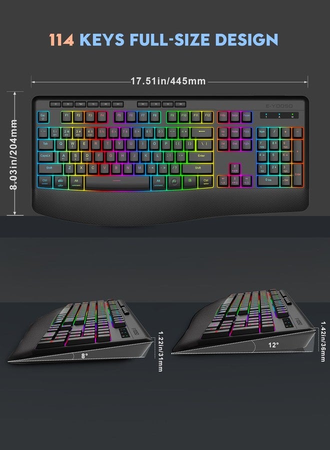 إي-يوسو لوحة مفاتيح E-YOOSO RGB اللاسلكية، بثلاثة أوضاع (2.4 جيجا هرتز/بلوتوث/USB)، و9 تأثيرات إضاءة خلفية، وأحرف مضيئة، ولوحة مفاتيح كمبيوتر مريحة قابلة لإعادة الشحن وهادئة مع مسند للمعصم، متوافقة مع أنظمة ويندوز، وماك، والكمبيوتر الشخصي، واللابتوب، والألعاب. - Image 3