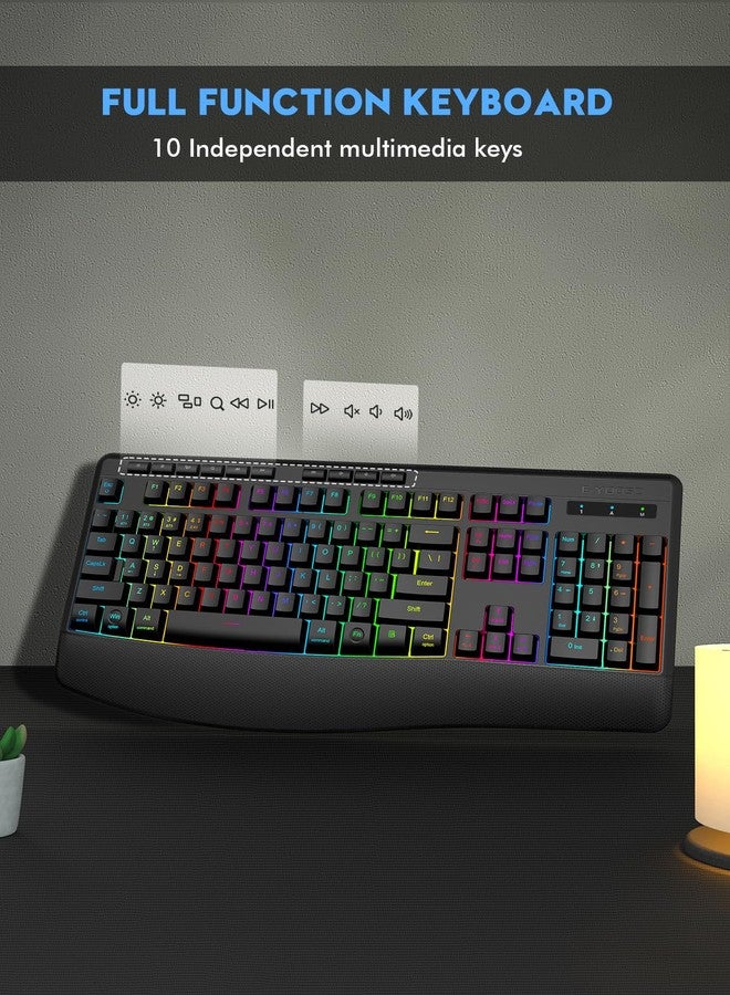 إي-يوسو لوحة مفاتيح E-YOOSO RGB اللاسلكية، بثلاثة أوضاع (2.4 جيجا هرتز/بلوتوث/USB)، و9 تأثيرات إضاءة خلفية، وأحرف مضيئة، ولوحة مفاتيح كمبيوتر مريحة قابلة لإعادة الشحن وهادئة مع مسند للمعصم، متوافقة مع أنظمة ويندوز، وماك، والكمبيوتر الشخصي، واللابتوب، والألعاب. - Image 2