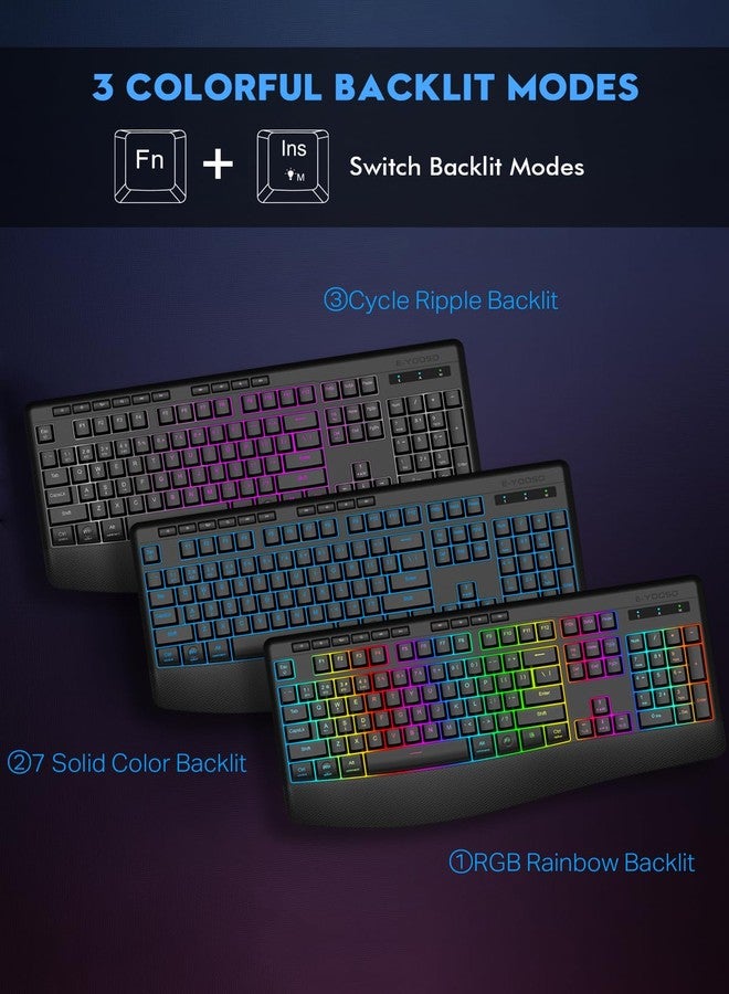 إي-يوسو لوحة مفاتيح E-YOOSO RGB اللاسلكية، بثلاثة أوضاع (2.4 جيجا هرتز/بلوتوث/USB)، و9 تأثيرات إضاءة خلفية، وأحرف مضيئة، ولوحة مفاتيح كمبيوتر مريحة قابلة لإعادة الشحن وهادئة مع مسند للمعصم، متوافقة مع أنظمة ويندوز، وماك، والكمبيوتر الشخصي، واللابتوب، والألعاب. - Image 5