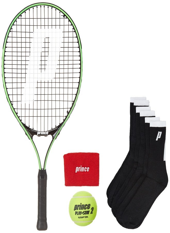 برنس مضرب تنس برينس تور 23 من الألومنيوم مع 12 كرة تنس برتقالية من المرحلة الثانية، وجوارب برينس سوداء، وسوار معصم أحمر. - Image 1